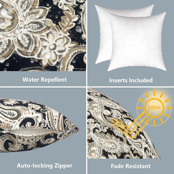 LVTXIII Outdoor Pillows 20x20 Inch, 2 Pack Large Decorative Square Throw Pillows with Inserts for Couch, Bed, Floor Seating, Patio Furniture, Paisley Black