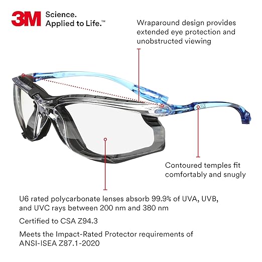 3M Safety Glasses, Virtua CCS, ANSI Z87, Anti-Fog, Indoor/Outdoor Mirrored Lens, Blue Frame, Corded Ear Plug Control System, Removable Foam Gasket (Pack of 2)