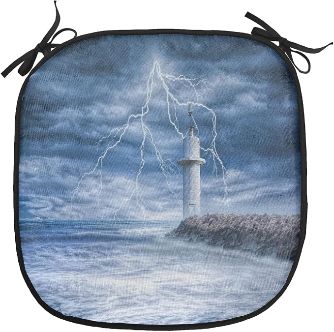 Lunarable Lighthouse Chair Cushion Pads Set of 8, Lighthouse Thunderstorm Turbulent Wind Moody Weather Dramatic Sky Scene, Anti-Slip Seat Padding for Kitchen & Patio, 16"x16", Navy Blue Dimgray