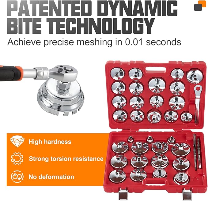 Auto Oil Filter Socket Wrench Set, Stainless Steel, 1/2 inch Drive | Cup Type Cap Removal Tool, Drain Plug Socket Set Included, Compatible with Car & SUV