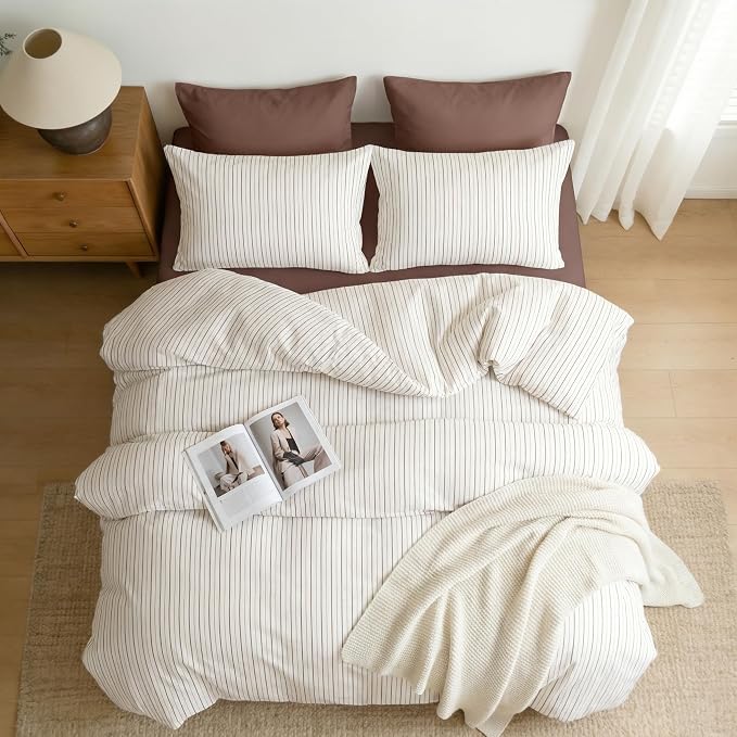 Sedefen Striped Duvet Cover Queen, Brown Stripe Bedding Set with 2 Pillowcases, Modern Minimalist Stripes Pattern Reversible Soft Breathable Microfiber Duvet Cover for All Season