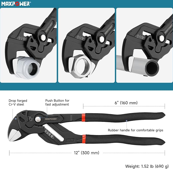 MAXPOWER 12-inch Pliers Wrench, 2.7-inch Jaw Opening, Smooth Parallel Jaws