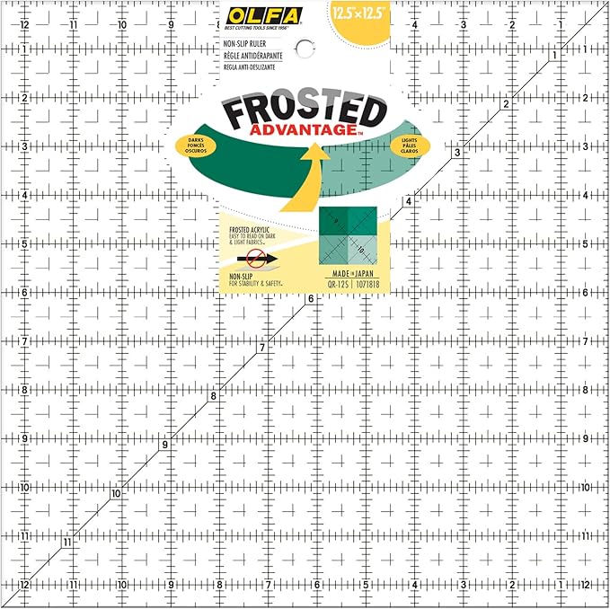 OLFA 12 1/2" x 12 1/2" Frosted Acrylic Ruler (QR-12S) - Non Slip Square 12.5x12.5 Inch Acrylic Ruler with Grid for Cutting Fabric, Sewing, Quilting, & Crafts