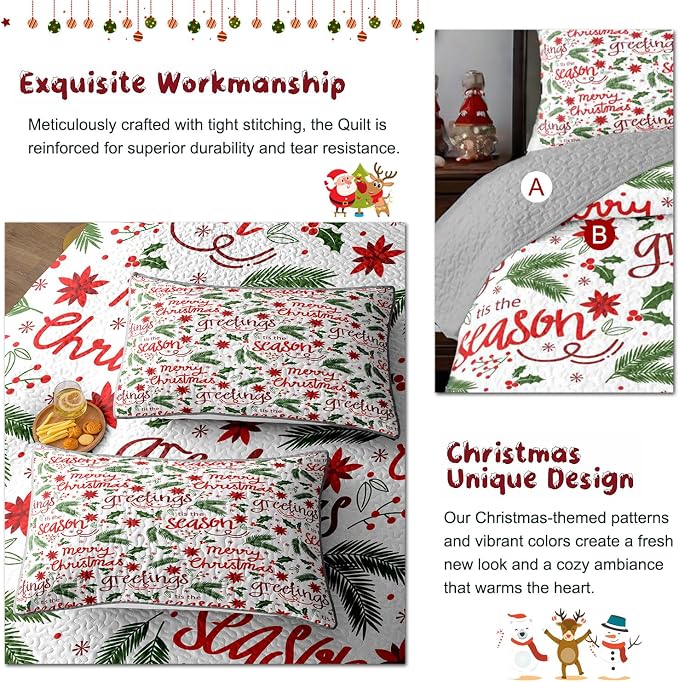 Merry Christmas Boho Red Quilt Set King- Leaves Berry Flowers Printed Holiday Bedding Set - Soft Microfiber Lightweight Comforter Coverlet Bedspread(Leaves, King(90"x104"))