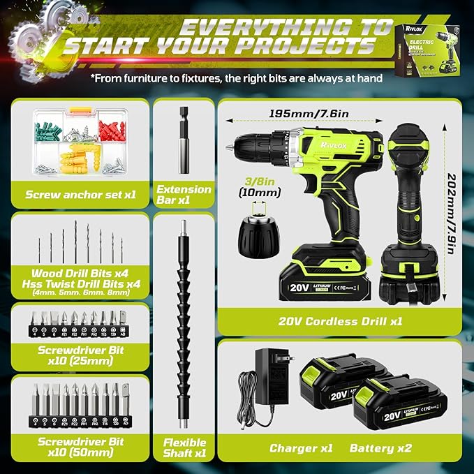 20V Cordless Drill Set,Electric Power Drill Cordless,Power Drill Drivers,Electric Screwdriver - 2.0Ah Batteries, 30Nm，21+1 Torque,2 Speed,34pcs Acessories,Built-in LED,Kit for Home,Green