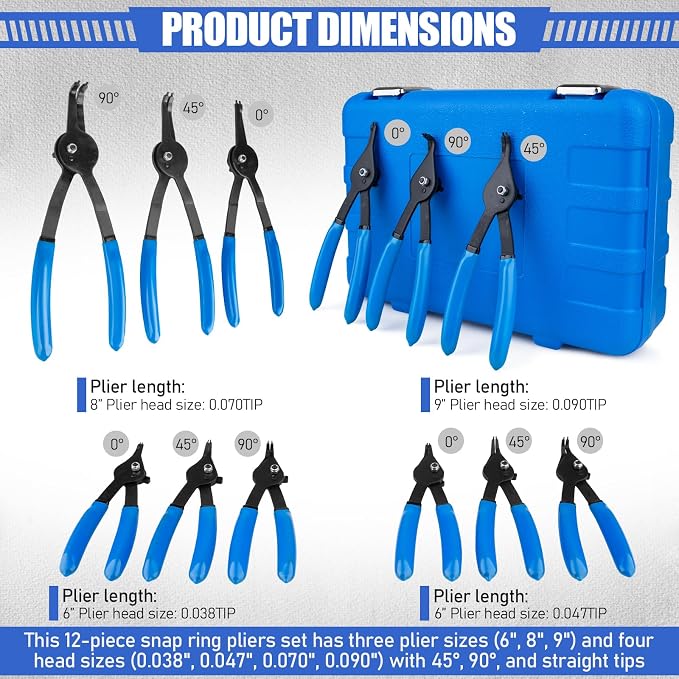 12 Piece Snap Ring Pliers Set, 0.038” 0.047” 0.070” 0.090”