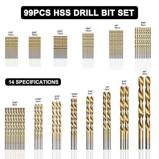99 Pcs Drill Bit Set(1/16“-3/8”), 135° Tip Titanium Coated High Speed Steel, Twist Drill Bit Kit for Iron, Aluminum Alloy, Copper, Wood, Plastic, with Hard Storage