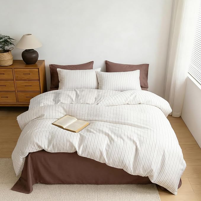 Sedefen Striped Duvet Cover Queen, Brown Stripe Bedding Set with 2 Pillowcases, Modern Minimalist Stripes Pattern Reversible Soft Breathable Microfiber Duvet Cover for All Season