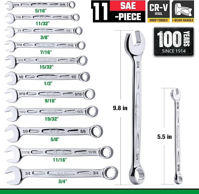SK Combination Wrench Set, SAE 5/16'' to 3/4'', 11-Piece, CR-V Steel | 12-Point, SureGrip Drive Design, 15-Degree Offset End, Drop Forged, SuperKrome Finish, with Rolling Pouch