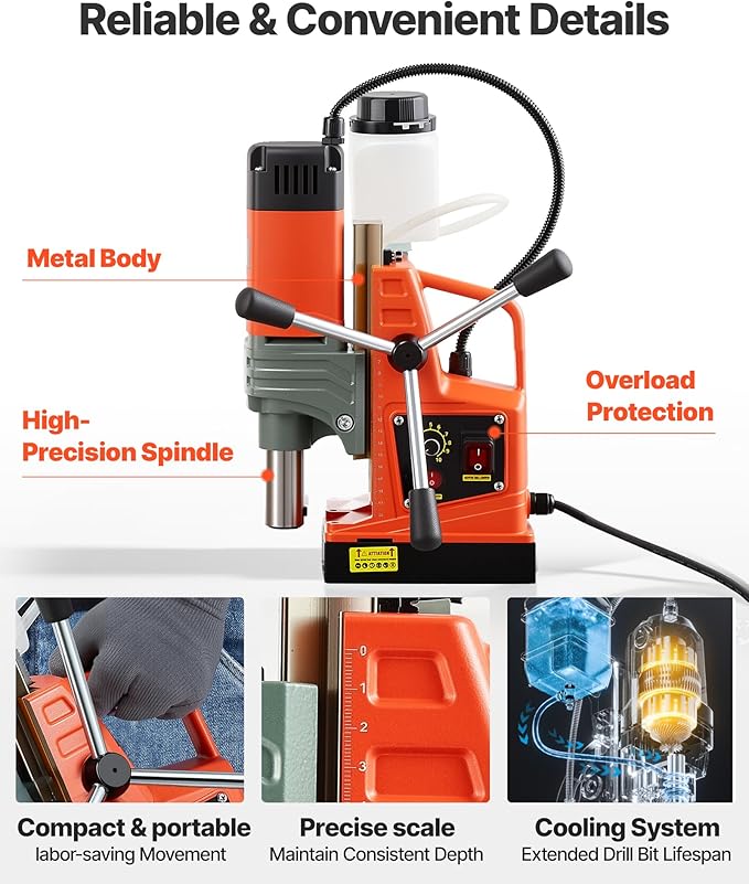 VEVOR Magnetic Drill Press, 1400 W, 2 in Boring Diameter, 2810 lbf Power Portable Mag Drill Press, 0–800 RPM Adjustable Speed, with Weldon Shank, for Metal Surface, Industrial and Home Improvement