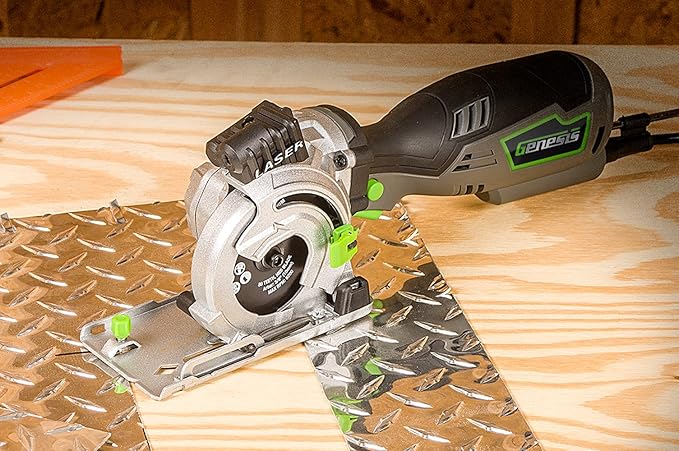 Genesis GPCS535CK 5.8 Amp 3 1/2” Control Grip Plunge Compact Circular Saw Kit with Laser, Miter Base, 3 Assorted Blades, Vacuum Adapter Hose, Rip Guide and Carrying Bag