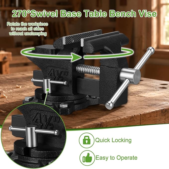 4-1/2" Bench Vise, 2-In-1 Drill-Free Table Vice for Workbench