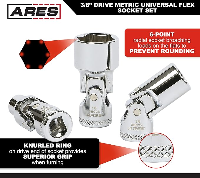 ARES 39015 10-Piece 3/8-Inch Drive Metric Universal Flex Socket Set | 6-Point Sockets from 10mm to 19mm; Universal Joint Flex Design For 360 Degree Access