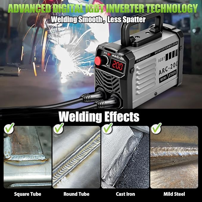 Hpoouo 200Amp 20PCS Rods Stick Welder, Super MINI Portable Welding Machine, IGBT Inverter Welder Machine 110V with Hot Start Arc Force Anti-Stick, for 1/16"-1/8" Rod ARC Welder, Chip Hammers (Gray)
