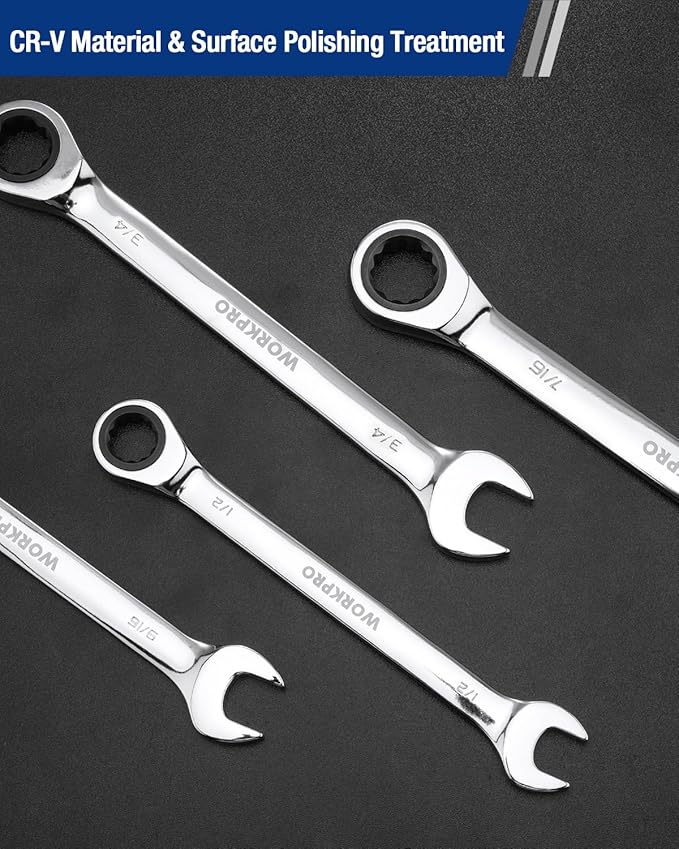 WORKPRO 1/2" Ratcheting Combination Wrench, Mirror Polish Chrome Plating (Pack of 2)