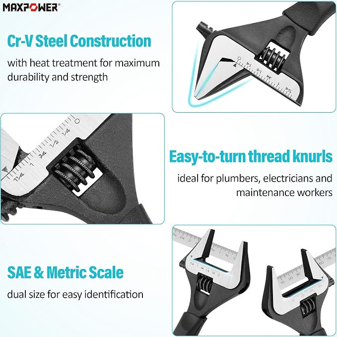 MAXPOWER 6-inch Wide Jaw Adjustable Wrench, 1.4" Jaw Opening, Stubby Handle | Cushion Grip, Compact Wrench,Smooth Adjustment for Plumbing & Automotive Work
