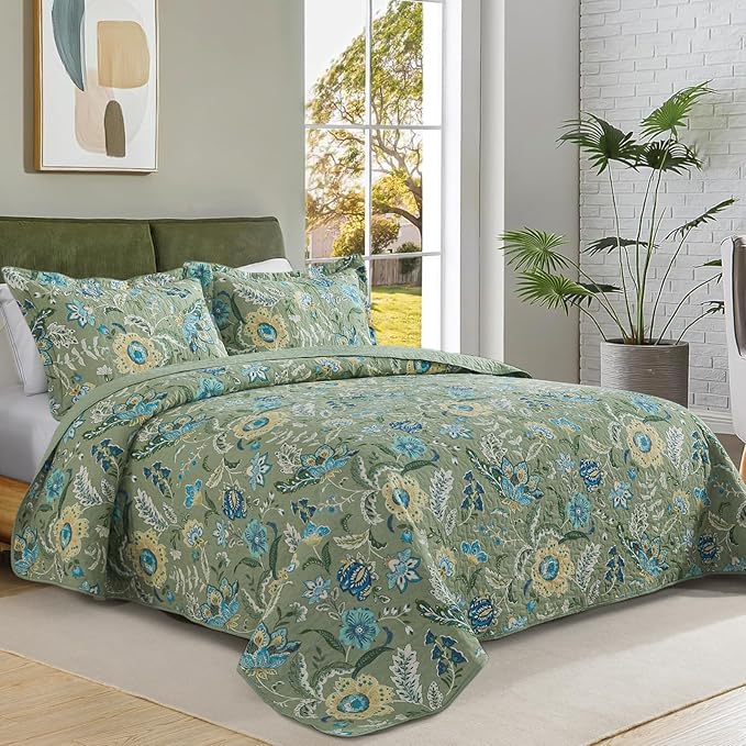 BEDIFANY California King Quilt Bedding Set - Cotton Lightweight Bedspread with Floral Pattern, 108x118 Inch All Season Oversized King Size Coverlet Set, 3 Piece (Quilt + 2 Pillow Shams)