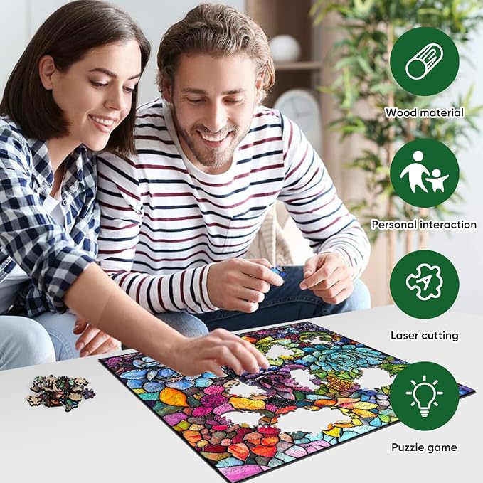 Delobi Stained Glass Puzzle Succulent Wooden Puzzles for Adults 200 Pieces, Unique Challenging Jigsaw Puzzles Gift for Friends Family Game Medium Size 11.2'' x11.2''