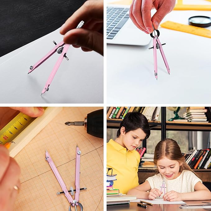 EBOOT Student Geometry Math Set, Metal Drawing Compass and 6 Inch Clear Swing Arm Protractors 180 Degree Math Protractor(Pink and Pink)