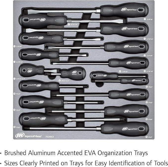 Ingersoll Rand 17 Piece Master Screwdriver Set with EVA Tray, Magnetized Tips, Hex Bolsters, SVCM Alloy Shafts, Soft Grip Handles, Slotted and Phillips - 752012