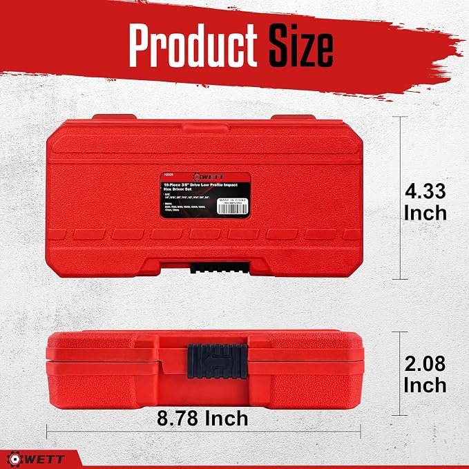 WETT 3/8-Inch Drive Low Profile Impact Hex Driver Set, 16-Piece Stubby Hex Bit Socket Set, CR-V Steel, SAE/Metric, (1/4" - 3/4", 6-19mm)