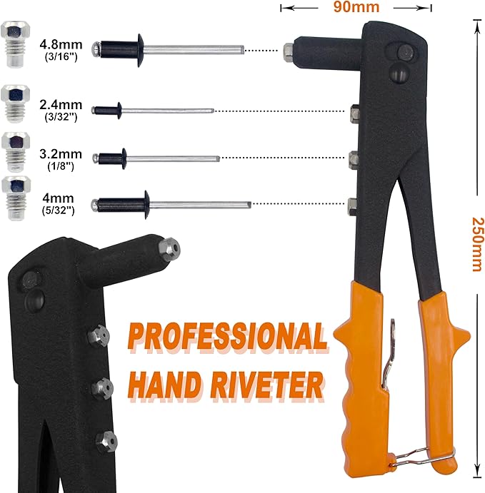 ISPINNER 225pcs Black Aluminum Blind Rivets Assortment Kit with Heavy Duty Hand Riveter Rivet Gun Tool, 6 Sizes Pop Rivets with Divider & Labeled Case