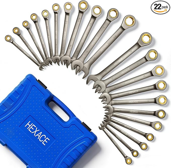 22-Piece Ratcheting Wrench Set, 72 Teeth, Metric & SAE | Metric 6–18mm & SAE 1/4–3/4", Anti-Slip Combination Wrenches with Organizer Box, Satin Black Nickel Finish,Combination Wrench