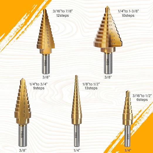 Step Drill Bit Set, 6 Pcs Titanium High Speed Steel Step Drill Bits with Extra Automotive Center Punch for Metal, Wood & Plastic, with Aluminum Case, 50 Sizes