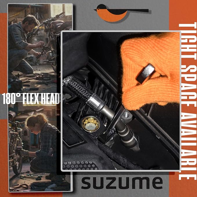 SUZUME SAE Ratcheting Wrench Set 12-Piece (1/4"-7/8") with 180° Flex Head | Black Nickel Coating Cr-V Steel 72 Teeth No Skip For Automotive Car, SUV, Bike, Machine, Bicycle, Motorcycle Repair Home DIY