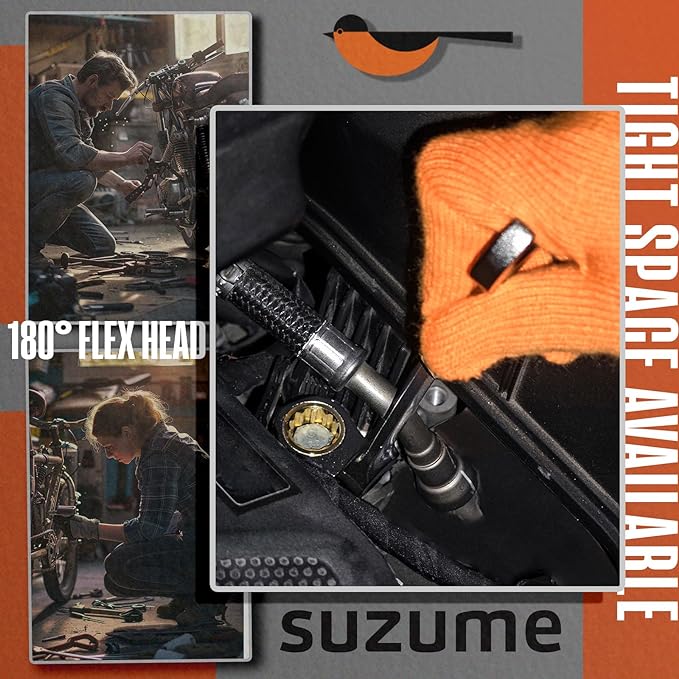 SUZUME 12-Piece Ratchet Wrenches Set Metric (8-19mm) with 180° Flex Head | 72-tooth Cr-V Black Nickel Coating No Skip For Automotive Car, SUV, Moto, Bike, Machine, Bicycle, Motorcycle Repair Home DIY