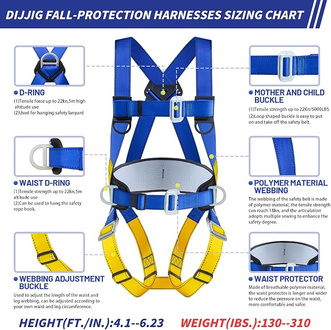 DIJJIG Full Body Safety Harness Kit OSHA/ANSI Compliant for Roofing | Includes internal shock-absorbing lanyard, orange harness for construction, durable and ready for fall protection