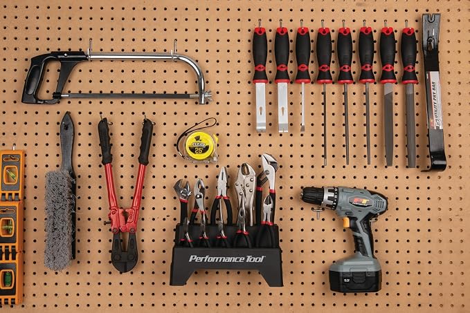 Performance Tool W1705 Pliers Set with Rack (10 Pieces) - Double Dipped Grip Handles, Heat-Treated Alloy Steel, Free Standing or Pegboard Hanging, Machined Jaws, Induction Hardened Cutting Edges