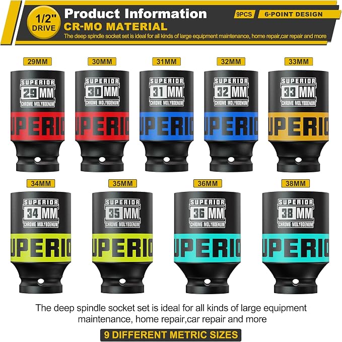 9 Piece 1/2" Drive Impact Socket Set, 29 mm-38 mm Axle Nut Socket, Metric, CR-MO, 6 Point, Large Equipment Maintenance, Home Repair, Car Repair and More