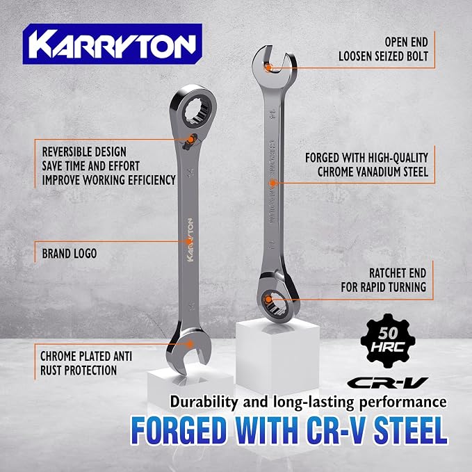 16-piece Reversible Ratcheting Wrench Set Metric 8-25mm, 72 Teeth Ratchet Combination Wrenches Set with Rolling Bag, Cr-V Steel, Chrome Plating Handle with Blackened Ratchet