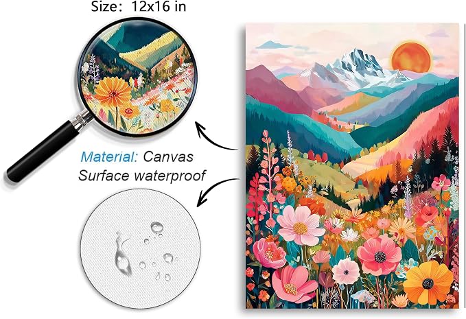 Frimeeme Colorful Floral Mountain Wall Art Set of 3, Boho Nature Landscape Print, Unframed, for Living Room Bedroom Bathroom Office Home Decoration 12x16in