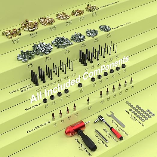 Rivet Nut Drill Adapter Kit - Dual Drive Modes: Drill/Ratchet, with 270pcs Nuts & 36pcs Mandrels (red)