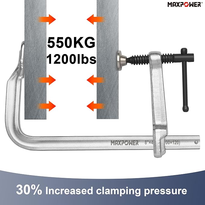 MAXPOWER 8-inch F Clamp, 4-3/4" Throat, Forged Full Steel Bar Clamp