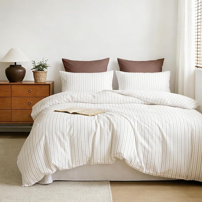 Sedefen Striped Duvet Cover Queen, Brown Stripe Bedding Set with 2 Pillowcases, Modern Minimalist Stripes Pattern Reversible Soft Breathable Microfiber Duvet Cover for All Season