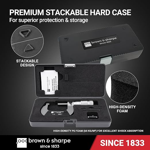 Brown & Sharpe Mechanical Outside Micrometer, 1-2 Inch, 0.0001 Inch Graduation, Tungsten Carbide Measuring Faces, Ratchet-Stop Mechanism, Satin Chrome Finished Scale