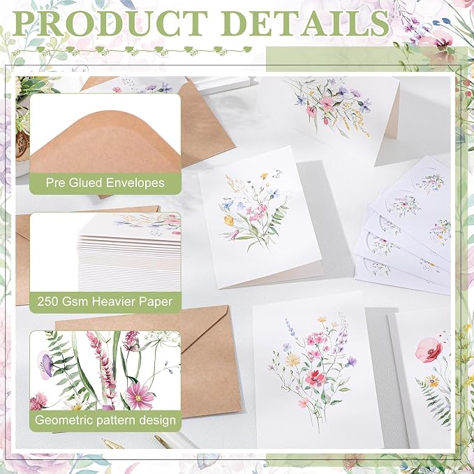 Maitys 200 Set Wildflower Blank Cards and Envelopes Bulk 4x6 Inch Blank Greeting Cards with Envelopes & Stickers 10 Elegant Designs Floral Notecards for Wedding Bridal Showers Anniversary Events