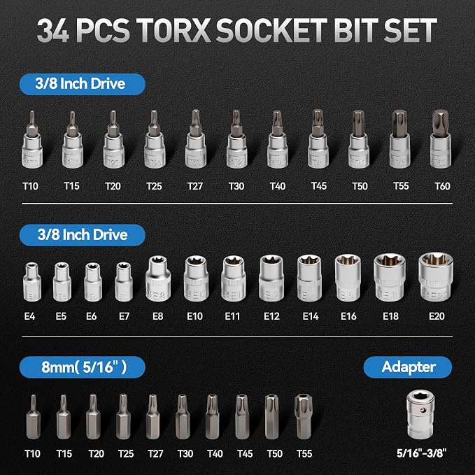 DISEN 34-Piece 3/8'' Drive Torx Star Bit sockets | CR-V E-Socket Set, E4-20, T10-60, Tamper Proof Set TT10-TT55, 5/16"F to 3/8"M adapter with Storage Case