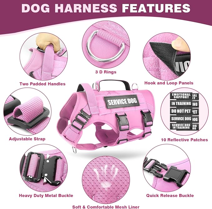 Service Dog Vest Harness for Large Dog, Tactical Working MOLLE Vest with 10 Pet Patches, No Pull Heavy Duty Harness for Training Hunting Walking