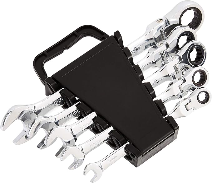 Amazon Basics 72-Tooth Ratcheting Combination Wrench Set, Chrome Vanadium Steel Flex Head, 5-Piece Metric, 180° Flexible