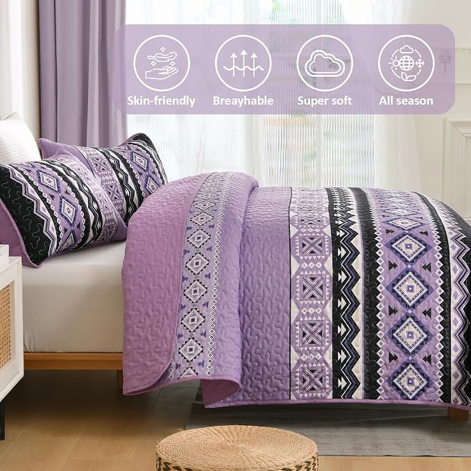 WONGS BEDDING 3 Pieces Quilt Set King Size, Purple Quilt Bedspread Lightweight Bohemian Coverlet Set with 2 Pillowcase, Soft Geometry Printed Bedding Set King for All Season 104"×90"