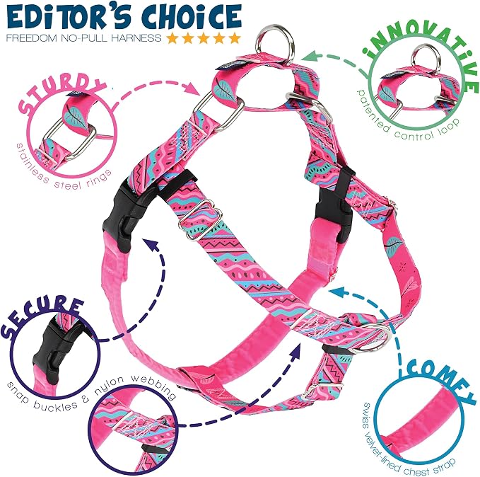 2 Hounds Design - Freedom No-Pull Harness & Training Leash in Pink and Blue | Dual Leash Loops, No Pulling on Walks | Lined to Prevent Chaffing | for Small Sized Dogs (Size S, Chest 20”- 24”)