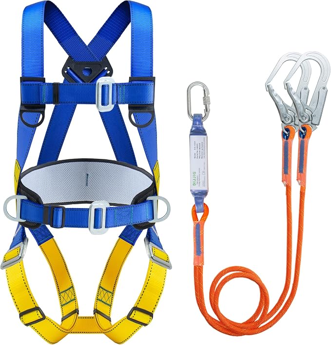 DIJJIG Full Body Safety Harness Kit OSHA/ANSI Compliant for Roofing | Includes internal shock-absorbing lanyard, orange harness for construction, durable and ready for fall protection