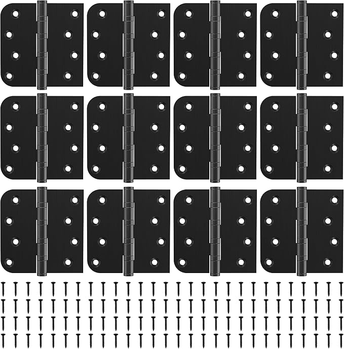 KOLET Ball Bearing Door Hinges, 4 x 4 Inches Black Door Hinges, Heavy Duty Stainless Steel Hinges, Square and 5/8'' Radius Corner, Smooth and Quiet, Non Removable Pin, Matte Black, 12 Pack