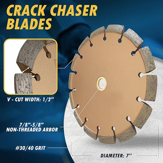 7" Crack Chaser Blade for Cured Concrete, Asphalt Repair or Joint Widen, 0.5" Width, 7/8"-5/8" Non-Threaded Arbor