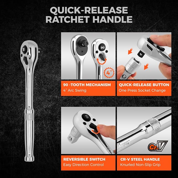 HORUSDY 1/4" Drive 90-Tooth Quick-Release Ratchet Handle with 1/4" to 3/8" Adapter, Reversible Thin Profile Socket Wrench, 4° Swing Arc, Ergonomic Anti-Slip Grip, Ideal for Auto, Bike & Home Repair