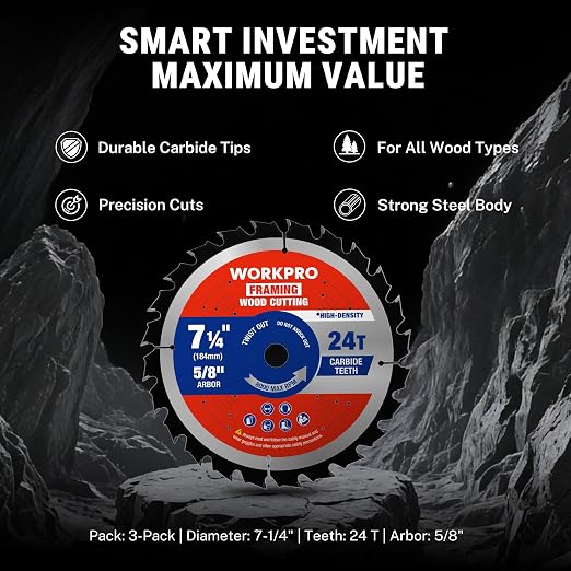 WORKPRO 7-1/4 Inch Woodworking Circular Saw Blades, 24T Framing & Fast Ripping, Thin Kerf, Carbide Tipped, ATB Tooth, 3-Pack